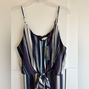 NWT Monteau Navy Multi-Color Stripe Tie-Front Jumpsuit Size L